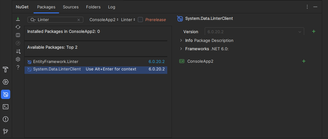 Диалог Rider NuGet Packages