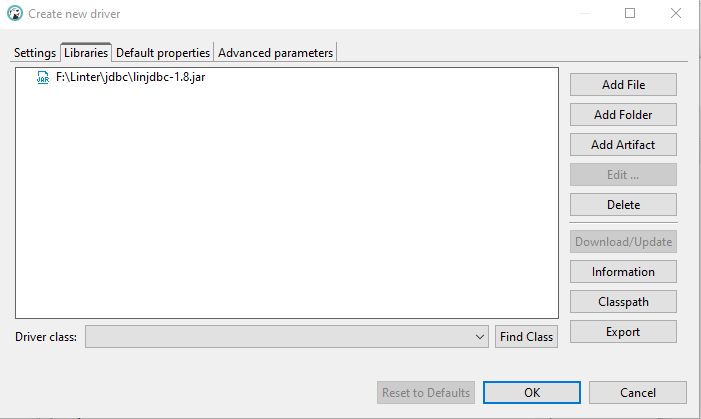 Параметры драйвера, вкладка Libraries, добавление драйвера
